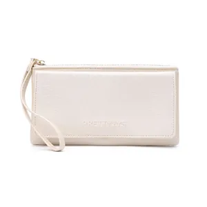 Close-up detail of a cream minimalist long wallet with a functional wristlet strap