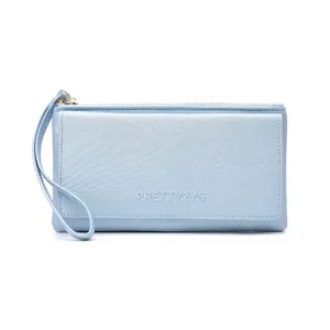 Detailed view of the light blue minimalist long wallet for women with wrist strap