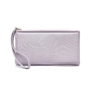 Elegant lavender long clutch wallet with a wrist strap and embossed logo on white background