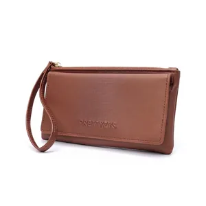 Detailed side view of a brown long leather wallet with Prettyzys brand embossing