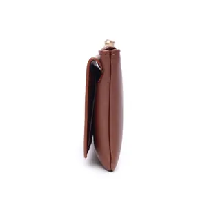 Side view of a slim brown faux leather women's long wallet showing profile thickness