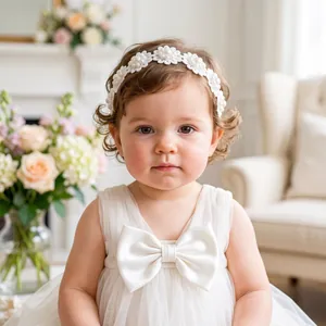 Detail view of a baby girl wearing a white floral lace headband with elegant pearls