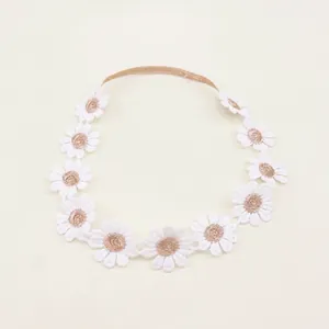 Close-up detail of sweet white lace floral headband with elastic band for kids and babies