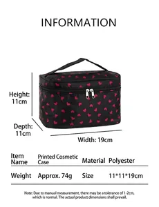 Portable square cosmetic bag with red heart pattern showing dimensions and polyester material.