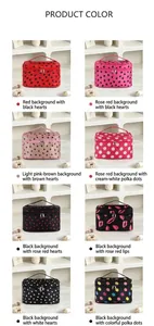 Multi-pattern selection of cosmetic bags including heart, polka dot and lip prints