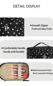 Detail view of heart pattern cosmetic bag with alloy zipper and brush slots