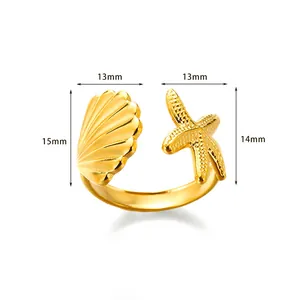 Détail de la bague ouverte dorée avec coquillage et étoile de mer avec dimensions