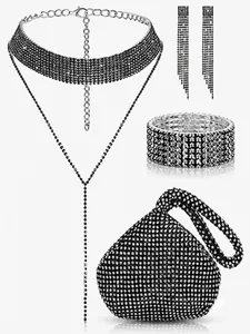 Elegant bridal black rhinestone jewelry set including evening clutch and tassel earrings