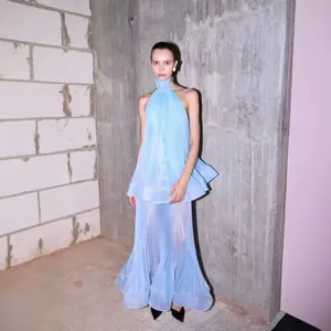 Damen Neckholder Plissee Chiffon Oberteil Und Rock Elegant Rückenfrei Hellblau Maxi Stil Für Urlaub Party