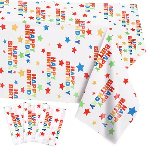 Detail view of colorful stars and Happy Birthday print on disposable PE tablecloth