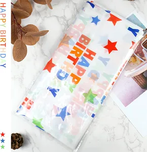 Disposable PE plastic tablecloth with colorful stars and Happy Birthday text for party