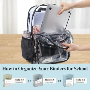 Grand sac à dos transparent en PVC montrant la capacité pour classeurs d'école et travail
