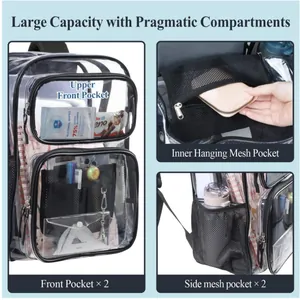 Vue détaillée d'un sac à dos transparent en PVC robuste avec plusieurs compartiments.