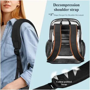 Détail du sac à dos en PVC transparent robuste avec bretelles ergonomiques en S