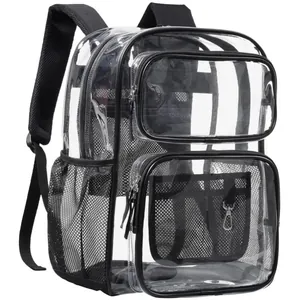 Grand Sac à Dos Transparent Robuste PVC Sac d'École Imperméable Élégant Multi-Poches Unisexe Sac de Jour pour Voyage Travail