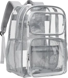 Vue détaillée du sac à dos transparent en PVC robuste avec plusieurs compartiments