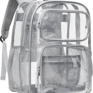 Sac à dos robuste en PVC transparent avec poches filet gris pour travail ou école