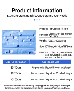 Detailed size chart and specifications for the blue pet cooling gel mat with bird pattern
