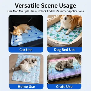 Pet cooling gel mat displayed in car, dog bed, home, and cage various scenarios.