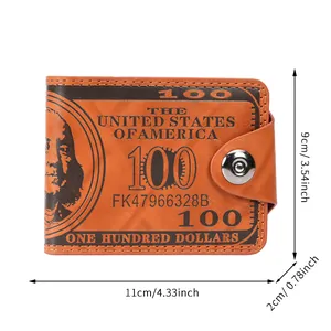 Cartera de hombre en cuero PU con diseño de billete USD y dimensiones detalladas