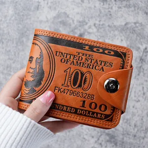 Cartera corta de cuero PU marrón para hombre con patrón de billete de dólar y broche