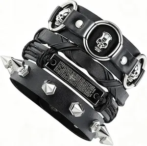 Bracciale in Pelle Punk retrò da Uomo Multistrato Rock Teschio Borchie Intrecciato a Fascia Gioielli a Mano di Moda Gotica Cinturino Regolabile