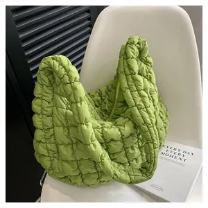 Trendy lime green puffy grid quilted shoulder bag for women with bubble texture finish