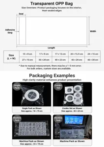Comprehensive size chart for transparent OPP plastic bags for DIY resin mold packaging