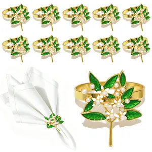 Ronds de Serviette Fleur de Gardénia en Métal Électroplaqué avec Feuille d'Huile et Perle Artificielle pour Mariage Maison Banquet Décoration de Table