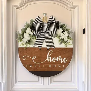 Rustic wooden round door hanger with Sweet Home text and floral wreath decoration