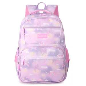 Mochila escolar rosa y morada para niñas con estampados de arcoíris y mariposas