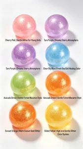 Macro view of colorful glittery maltose syrup squeeze stress balls in candy tones