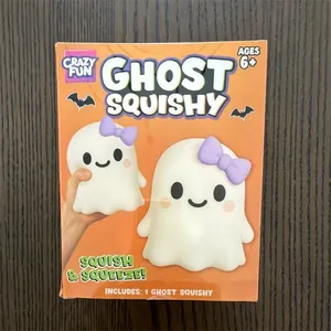 Detail view of Crazy Fun Ghost Squishy packaging showing a hand squeezing the toy