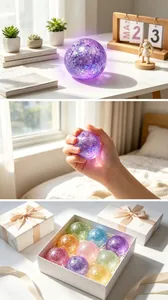 Colorful glitter stress relief squeeze balls in a white gift box with hand demonstration