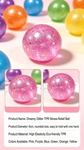 Macro view of 6cm glitter TPR stress balls available in various vibrant candy colors