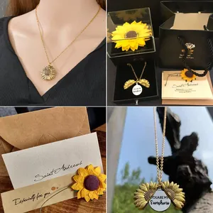 Detailansicht des aufklappbaren Sonnenblumen-Halsketten-Geschenksets mit Botschaft.