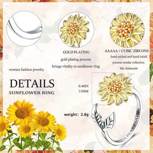 Detailansicht eines Sonnenblumenrings mit Zirkonia und 'You are my sunshine' Gravur