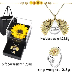 Aufklappbare Sonnenblumen-Halskette und Ring-Schmuckset mit Konservierte Blumenbox