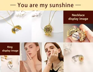 Aufklappbare Sonnenblumen-Halskette und passender verstellbarer Ring mit Gravur-Set