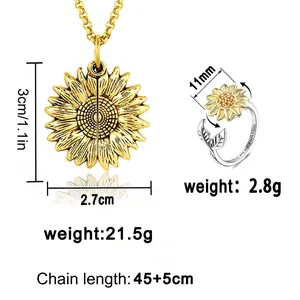 Sonnenblumen Anhänger Halskette und verstellbarer Ring Set mit Maßen und Gewicht