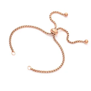 Detail view of adjustable rose gold stainless steel slider bracelet chain