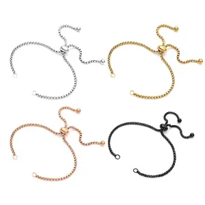 Detailed view of adjustable stainless steel box chain bracelets in four metallic finishes
