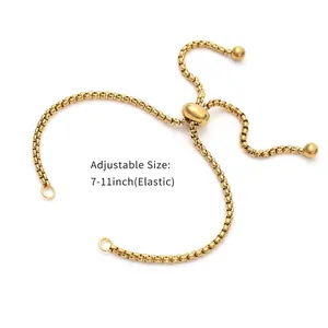 Gold stainless steel adjustable pull bracelet with box chain design 7-11 inch size