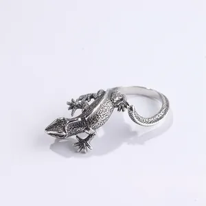 Detailed macro view of vintage lizard ring showing intricate scale textures and silver finish