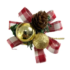 Christmas bow ornament with pinecone and gold balls for holiday tree decoration