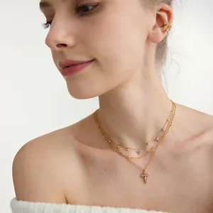Detailed close-up view of layered 18k gold stainless steel zircon cross pendant necklace set