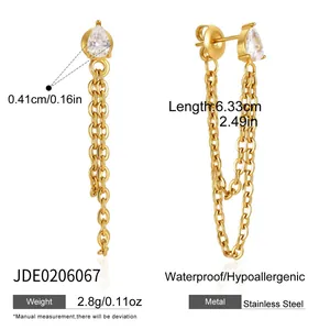 Paramètres de taille et de matériau pour boucles d'oreilles zircon doré à chaîne