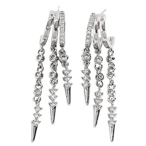 Punk style silver earrings with triple hoops, cubic zirconia tassels and spike charms
