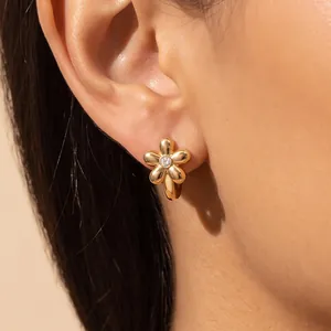 Elegant 18K gold plated flower hoop earrings featuring a sparkling central zircon for women