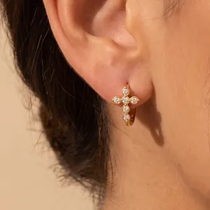Elegant gold plated stainless steel cross hoop earrings with cubic zirconia, minimalist style